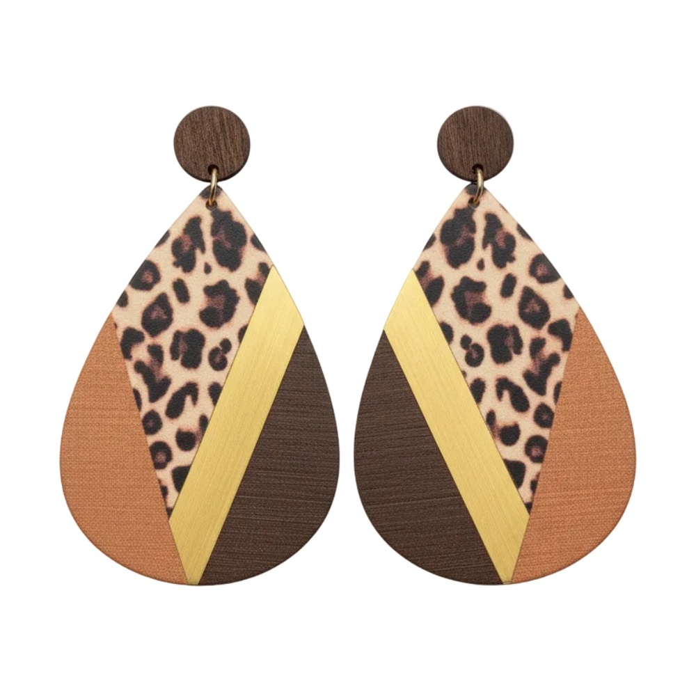 Womens Teardrop Brown Leopard Wood Post Earring